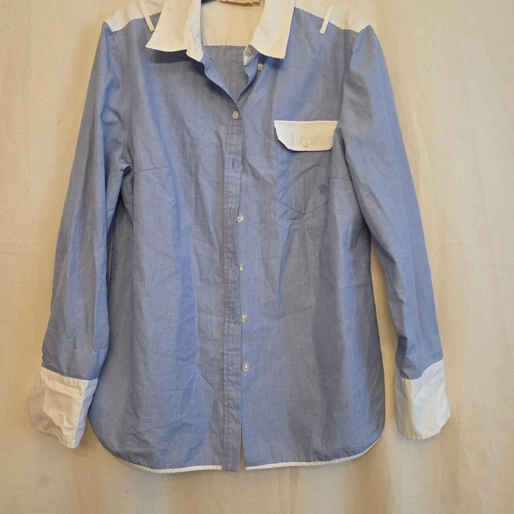 Tory Burch Button Up Shirt Womens M Blue Colorblock Chambray Long Sleeve‎ Top